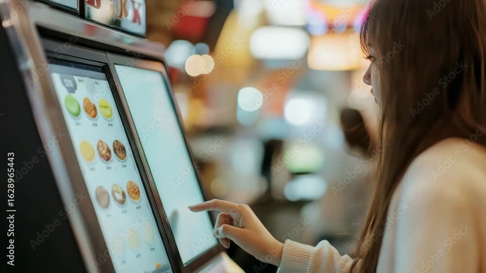 Poster woman using touchscreen kiosk with colorful menu options in a modern setting