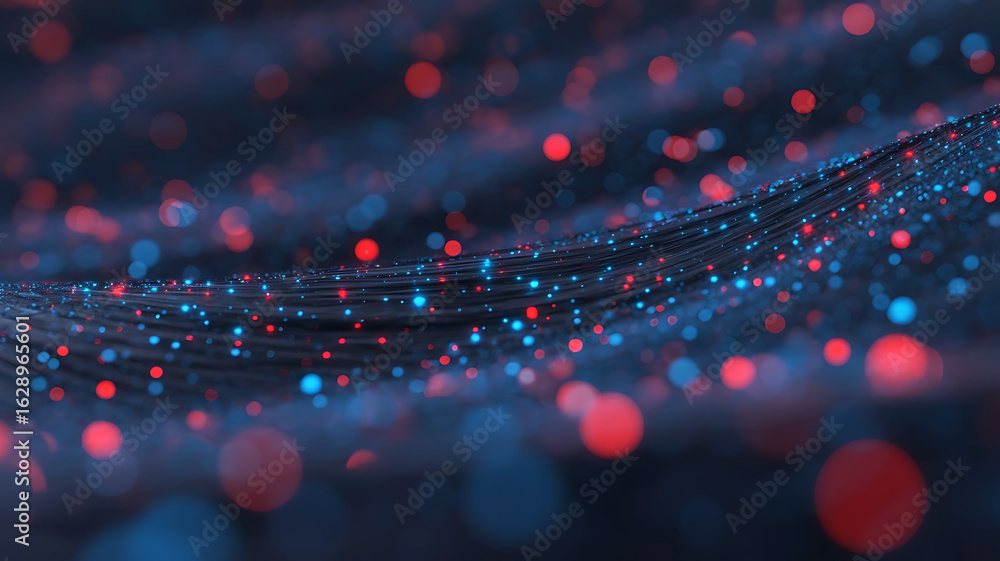 Poster abstract glowing blue and red particles flowing through a dark textured background with bokeh effect