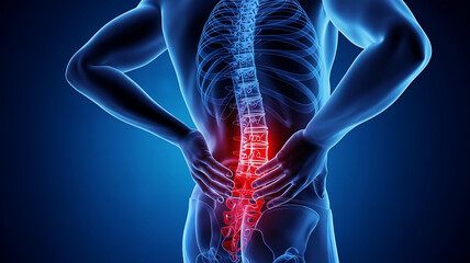 Close up of a translucent human body showing a glowing red spine indicating lower back pain and discomfort