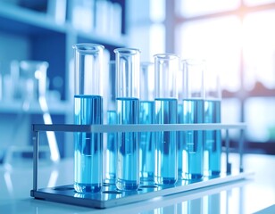 Test tubes with blue liquid in a lab setting