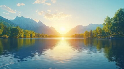 Naklejka premium Serene mountain lake at sunset