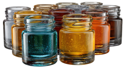 Colorful Liquids in Jars: An assortment of vibrant, transparent liquids fills multiple glass jars. Each jar containing a unique hue