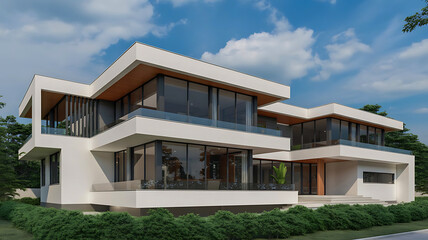 Modern luxury residence with large windows and multiple balconies set against a blue sky