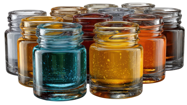 Colorful Liquids in Jars: An assortment of vibrant, transparent liquids fills multiple glass jars. Each jar containing a unique hue