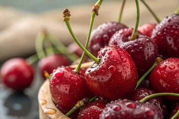  Closeup Shot of a Pile of Fresh Red Cherries with Water Drops