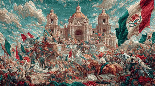 Mexican revolution art painting historical battle scene illustration