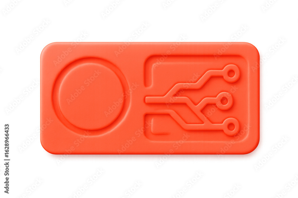 Poster 3d render of an orange rounded rectangle featuring an electronic circuit and a circle, isolated on t
