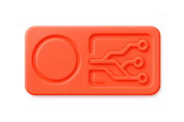 3d render of an orange rounded rectangle featuring an electronic circuit and a circle, isolated on transparent background, representing technological innovation