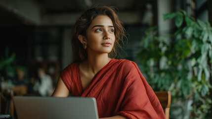 Indian woman working on laptop in saree remote work lifestyle concept