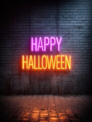 Obraz premium Happy halloween neon sign glowing in orange and purple on a brick wall.