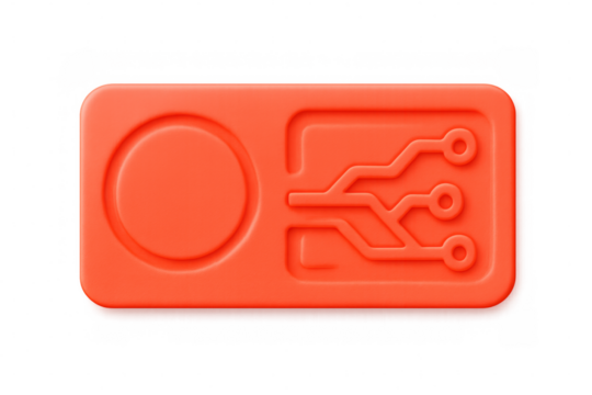 3d render of an orange rounded rectangle featuring an electronic circuit and a circle, isolated on transparent background, representing technological innovation