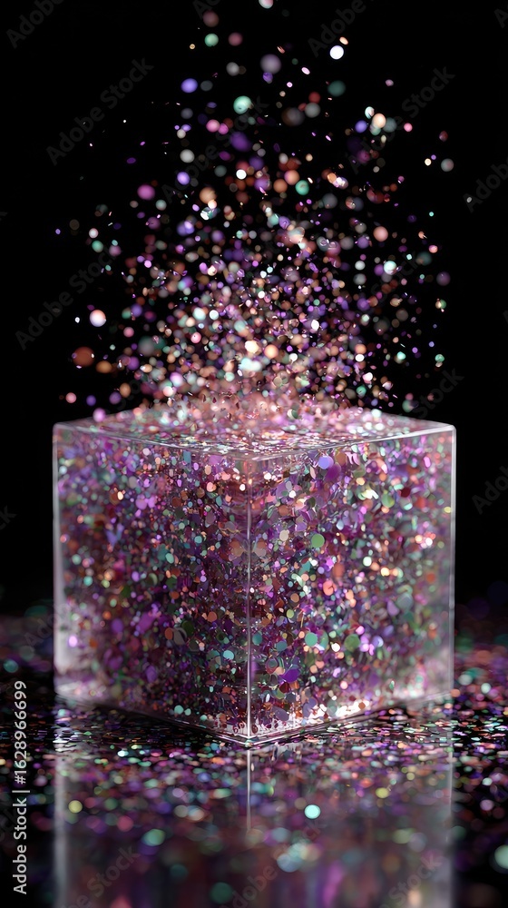Aufkleber sparkling iridescent glitter explodes from a transparent cube