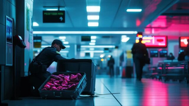 Airport Security Officer Inspects Suspicious Suitcase Filled With Pink Packages Inside a Neon-Lit Terminal &mdash; Realistic Surveillance Scene Captured in Tense Airport Security Checkpoint