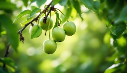 Unripe Green Plums Hanging on a Branch