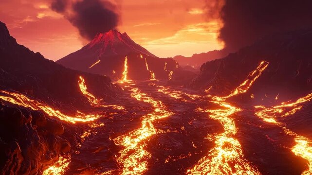 Drone Footage of Volcanic Eruption with Lava Flow and Ash Clouds &mdash; Aerial Wide Shot of Active Volcano Crater During Apocalyptic Event with Intense Lighting and Molten Landscape