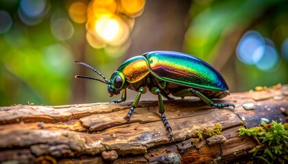 Naklejka premium Iridescent jewel beetle crawls on log