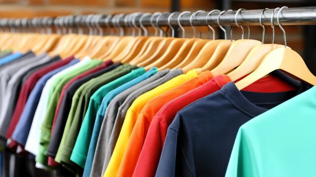 Colorful T-shirts hanging on a clothing rack in various shades