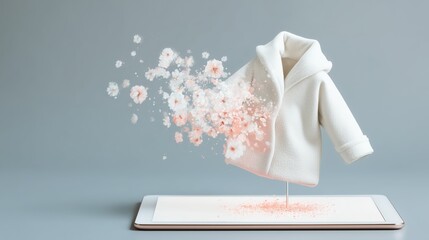 Naklejka premium A White Hooded Coat Emerging from Delicate Light Pink Blossoms on a Tablet Screen Set Against a Soft Muted Gray Background for Fashion Concept