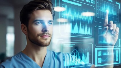 Man interacts with a bright blue digital interface He manipulates glowing data displayed on transparent screens Modern technology meets healthcare - Powered by Adobe