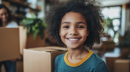 Girl's radiant smile during a heartwarming family relocation experience indoors