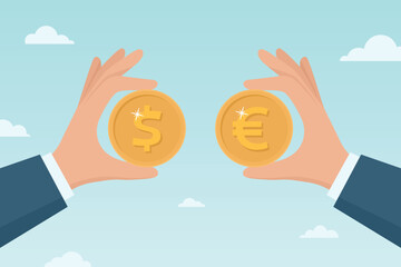Two Hands Holding Gold Dollar and Euro Coins, Vector Illustration. Money and Coin Exchange for Global Banking, Investment. Money Market, Coin Trading, International Money Transfer and Finance