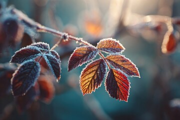 Winter leaves covered in frost, glowing in the morning sunlight.
