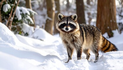 Obraz premium Raccoon dog stands in snowy landscape