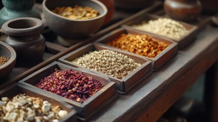 Assortment of grains, seeds, and dried spices in wooden containers on shelf