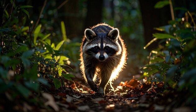Raccoon dog walks in the undergrowth.