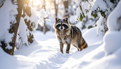 Raccoon standing in snowy forest land