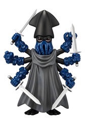 Obraz premium Illustration of an octopus-like figure with multiple arms holding swords, set against a transparent backdrop. The character has a dark hood and cloak.