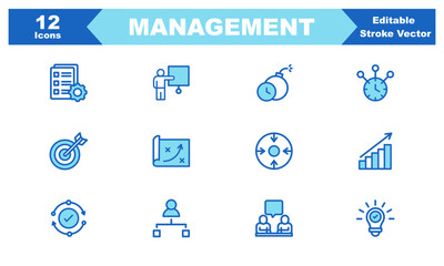 Management Icon Set Featuring Business, Leadership, and Teamwork Symbols in Vector Style