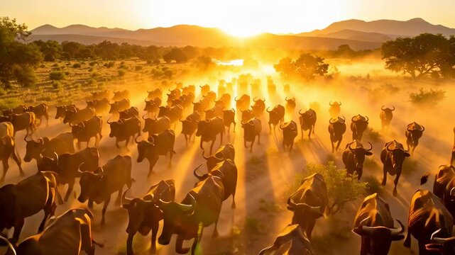 Herd of cattle and wildebeest running dusty ground sunset with golden light and shadows rural landscape and mountain background creating dramatic