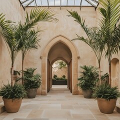 Fototapeta premium luxury modern castle interior with stone arches, pot plants in beige terracotta, and large glass roof