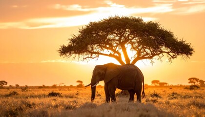 Fototapeta premium Elephant walks on African savanna sunset