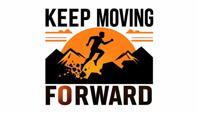 "No Easy Way Out" A lone silhouette running through a mountain path in winter, surrounded by the words 'Keep Moving Forward' a visual ode to persistence, progress, and pushing through the cold.