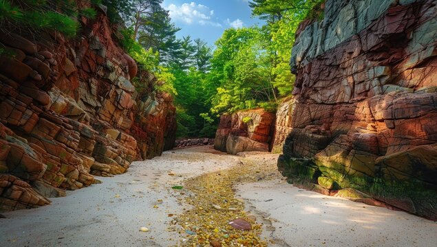 Coastal sandstone gorge, summer sunlight, sandy beach, lush forest.  Tourism poster