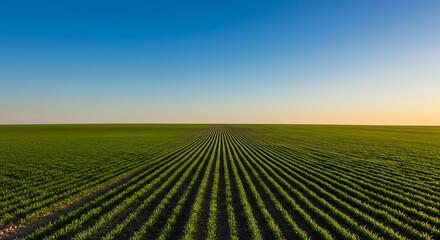 Rows of young crops stretch across a vast field, under a clear blue sky.