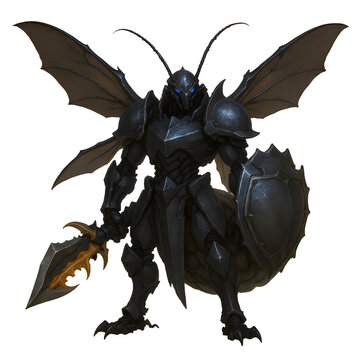 An intricately designed black insect warrior stands out with a golden sword and shield on a transparent backdrop, rendered in a digital painting style with a high level of detail.