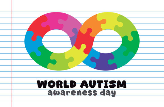 World Autism Awareness Day. Infinity symbol colorful puzzle design. Vector isolated on blue lined paper with white background.