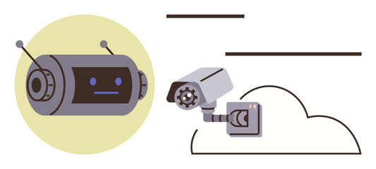 Obraz premium Robot head with antenna, security camera linked to cloud. Ideal for AI, robotics, surveillance, data storage, network security, IoT automation. Simple flat metaphor