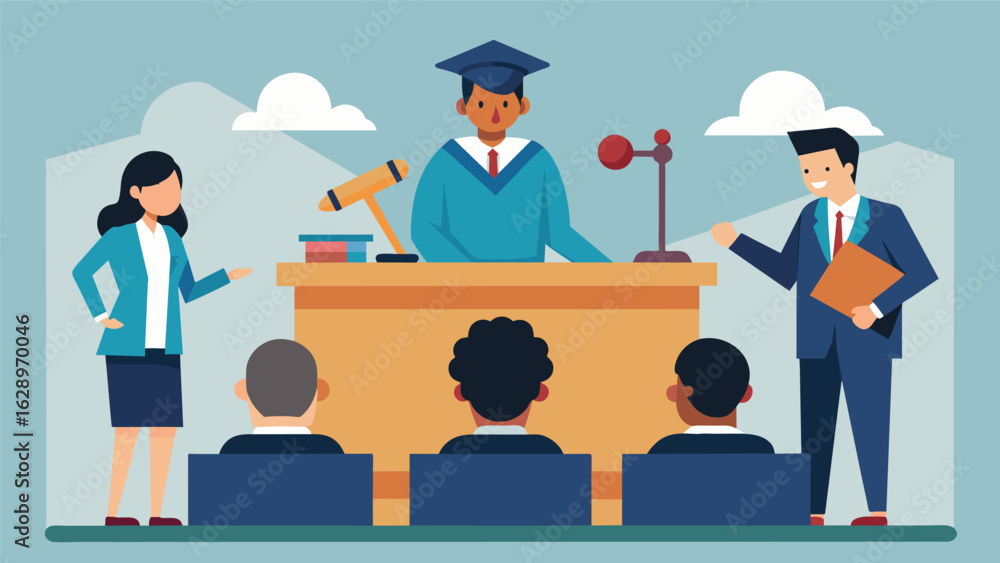 Poster a college ethics class holds a simulated trial with students acting as proseion and defense in a cas