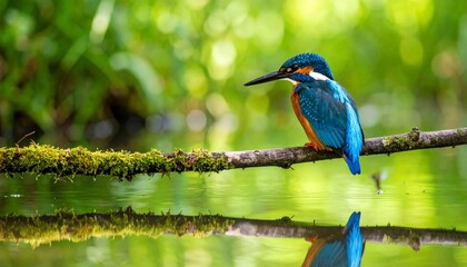 Kingfisher perched over river branch