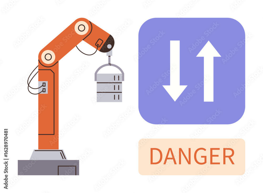 Poster robotic arm moving objects beside up-down arrow signal and danger warning. ideal for automation, saf