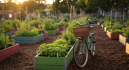 A bicycle stands in a garden with raised beds filled with plants illuminated by warm sunlight