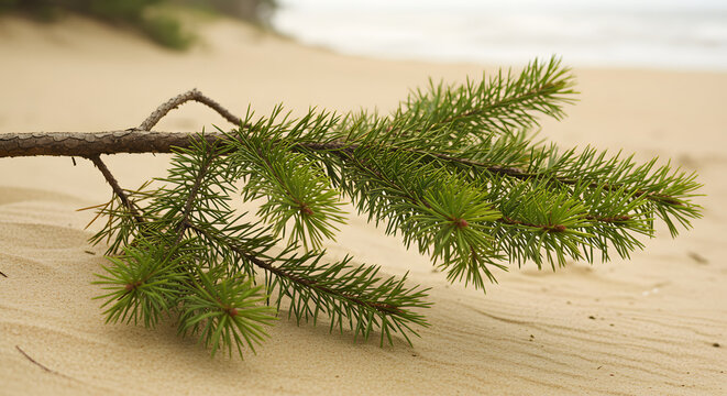 Maritime forest fragment: A serendipitous conifer branch on the sandy expanse of the coast