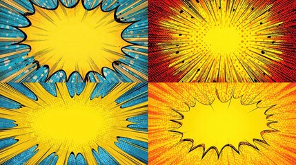 Four dynamic comic book backgrounds with radial bursts and vibrant colors