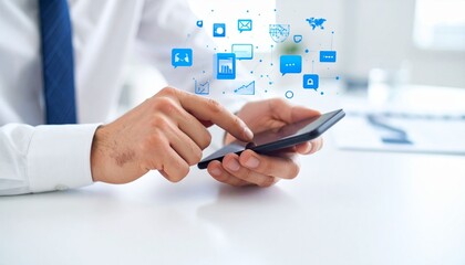 A professional uses a smartphone with a digital interface displaying various application and data icons, symbolizing connectivity, business technology, global communic,businessman using digital tablet
