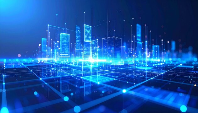 A futuristic visualization of a smart city or digital network, featuring illuminated buildings and interconnected data connections. The concept of high technology, innov,abstract technology background