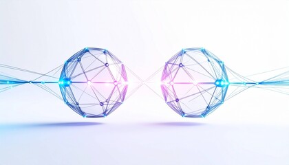An abstract visualization of digital connections, network technology, or artificial intelligence. Two complex geometric entities, resembling wireframe spheres, are connected b,abstract blue background